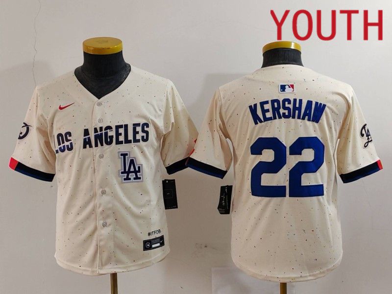 Youth Los Angeles Dodgers 22 Kershaw Cream Fashion Nike Game MLB Jersey style 7014